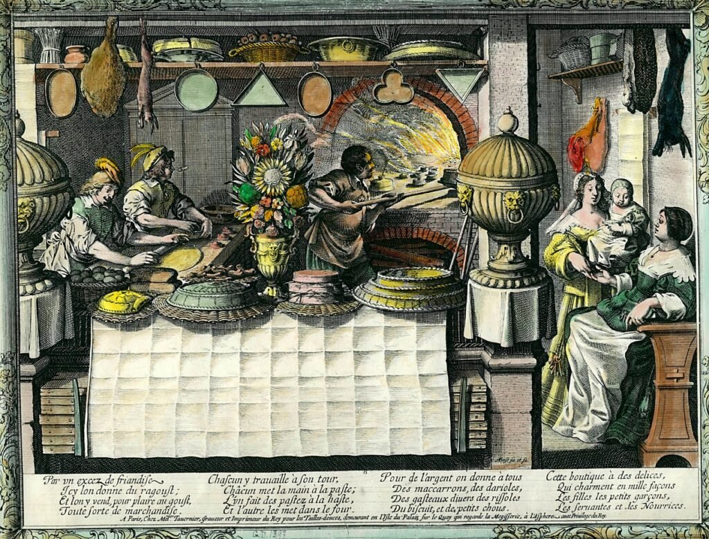 17th-century market illustration showing bakers and food stalls during winter season in England
