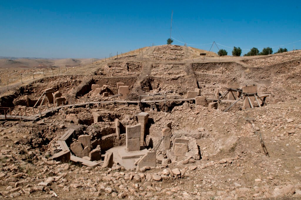 Aerial view of Göbekli Tepe archaeological site showing circular stone enclosures