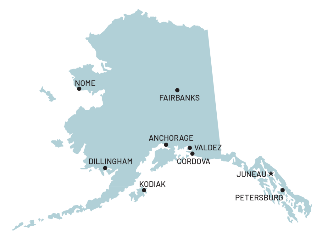 Map of Alaska highlighting Anchorage, Fairbanks, Juneau and rural villages receiving Alaska Permanent Fund Dividend