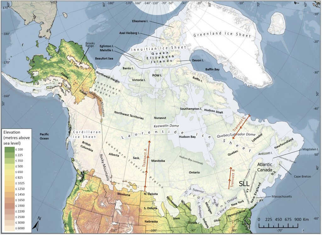 Map showing North America during Ice Age climate zones and migration routes