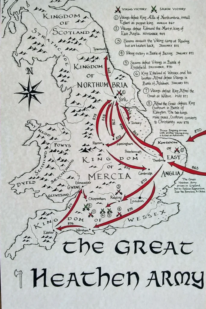 Ancient Viking Jewellery May Mark the Great Heathen Army’s First Landing Site 2 historical maps showing Viking routes and movements across England
